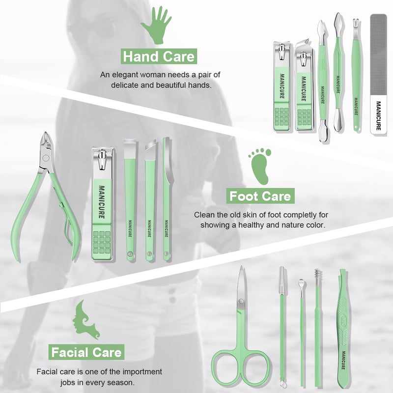 Leipple Manicure Set Professional Nail Clippers Pedicure Kit, 16 pcs Stainless Steel Nail Care Tools Grooming Kit with Luxurious Travel Leather Case for Thick Nails Men Women Gift (Green) - Image 2